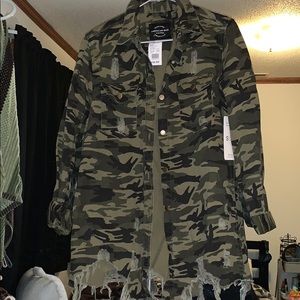 Camo Denim Long Rocker Jacket, Size Small